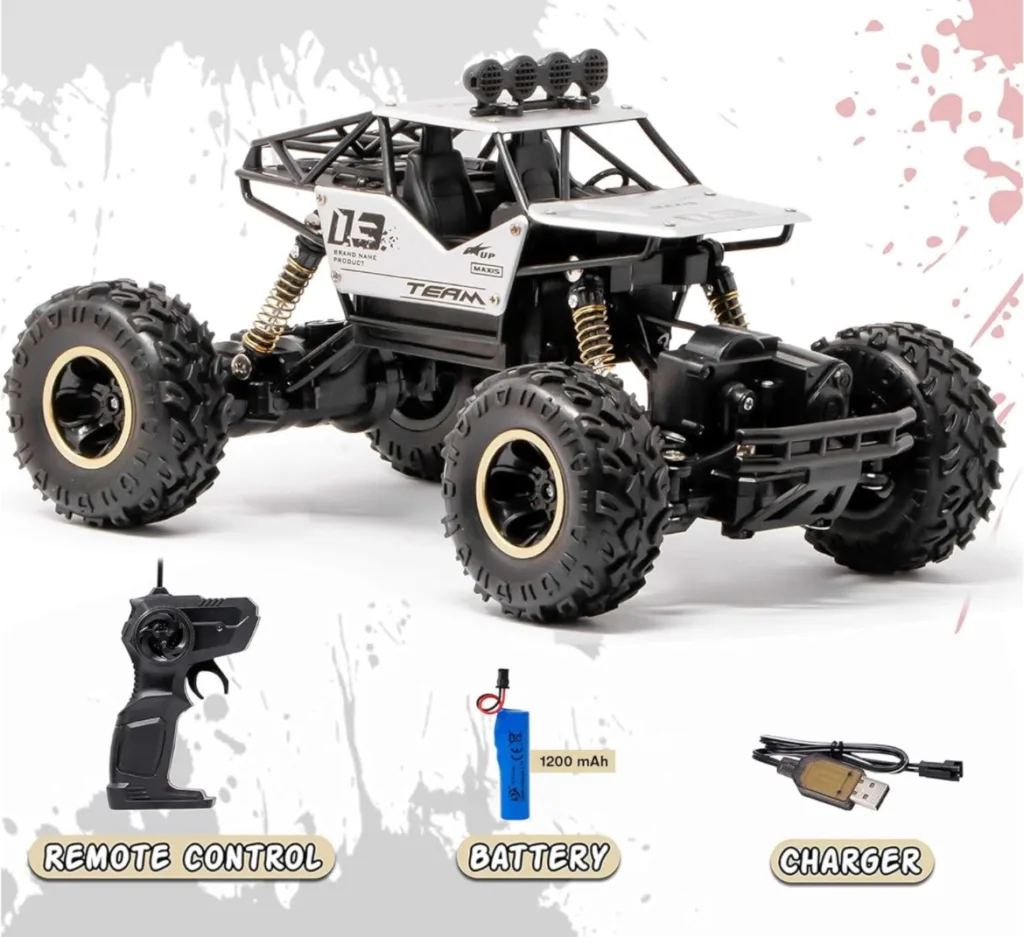 Rock Crawler Remote Control Car with remote control, battery, and charger displayed.