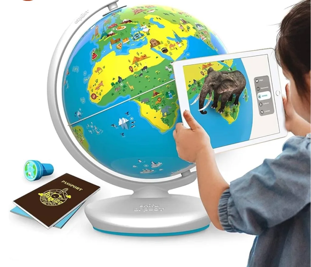 Child using a tablet to interact with an educational globe showing an augmented reality elephant.